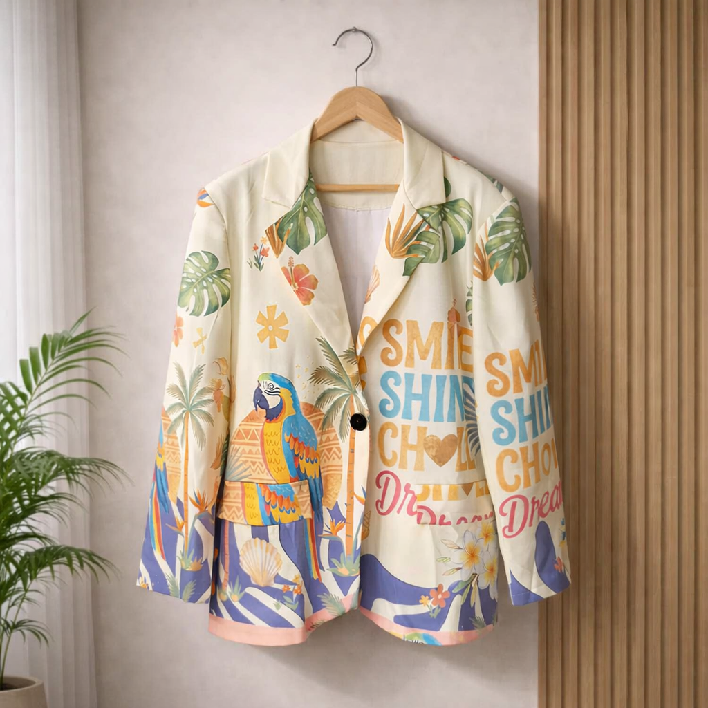 Women's tropical print statement blazer featuring colourful parrot artwork, botanical leaves, floral accents and inspirational Smile Shine Choose Dream slogan on cream background.