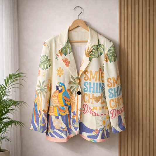 Women's tropical print statement blazer featuring colourful parrot artwork, botanical leaves, floral accents and inspirational Smile Shine Choose Dream slogan on cream background.