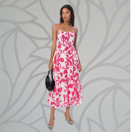 Floral Ruche Dress - White and Fuchsia