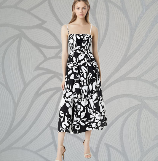 Floral Ruche Dress - Black and White