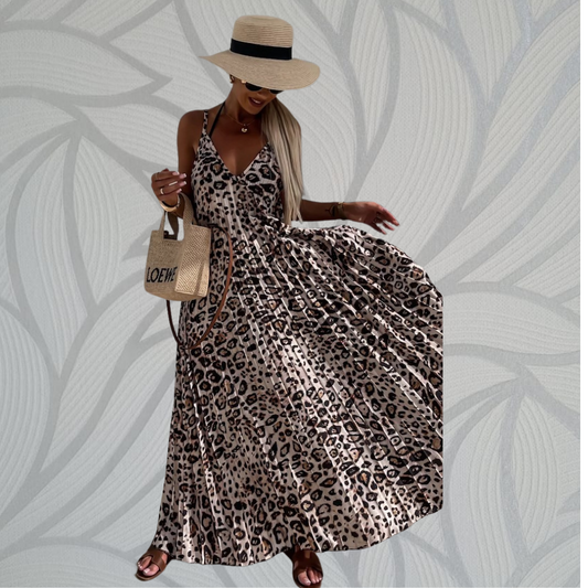 Leopard Pleated Maxi Dress - Stone