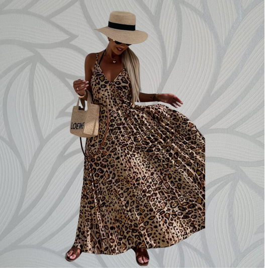 Leopard Pleated Maxi Dress - Rusty Brown