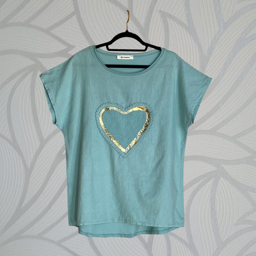 Ines Foil Heart Top - Aqua