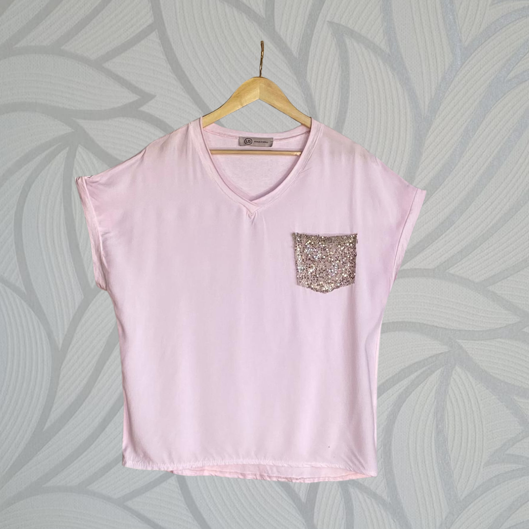 Winona Sequin Pocket Top - PINK