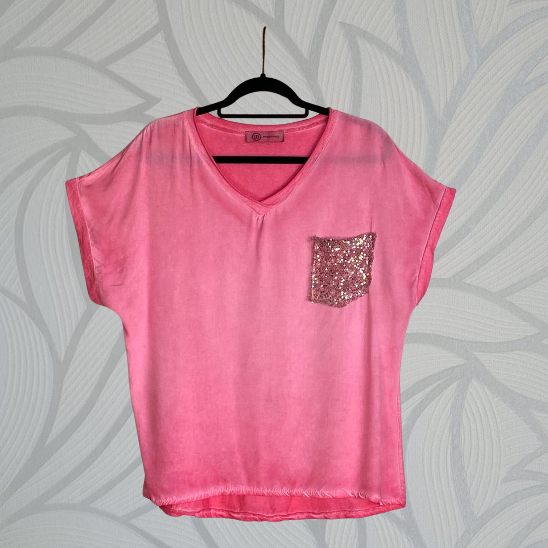 Winona Sequin Pocket Top - FUCHSIA