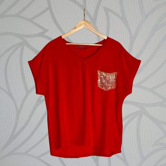 Winona Sequin Pocket Top - RED