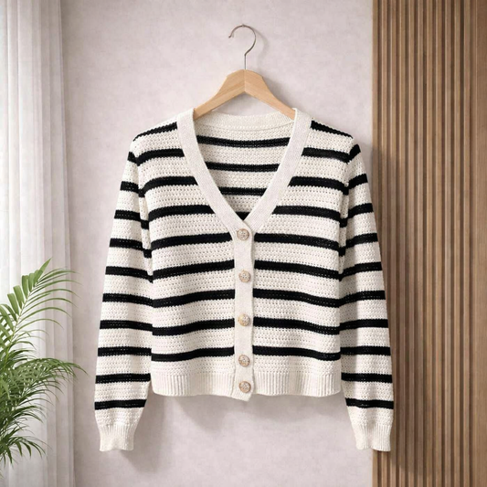 Black and white striped cardigan on a wooden hanger against a neutral wall.