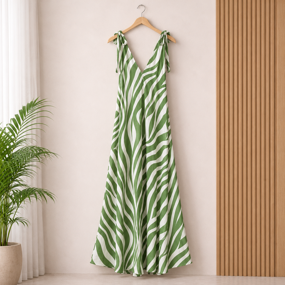 Zade Green and White Zebra Print Maxi Dress on a wooden hanger highlighting its resort-wear style.