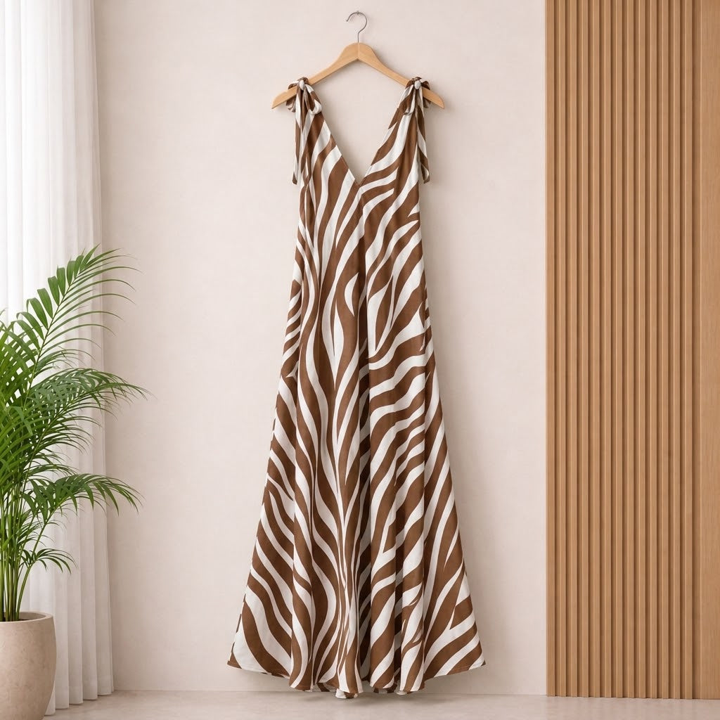 Zade Mocha Zebra Print Maxi Dress hanging against a modern wooden slat backdrop showcasing its tie-shoulder straps.