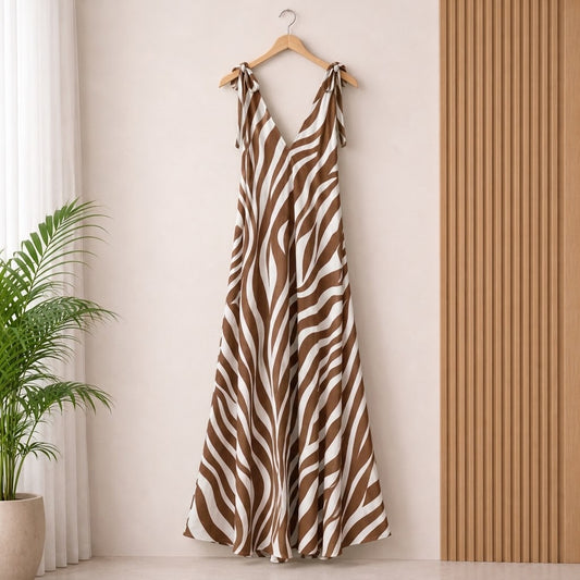 Zade Mocha Zebra Print Maxi Dress hanging against a modern wooden slat backdrop showcasing its tie-shoulder straps.